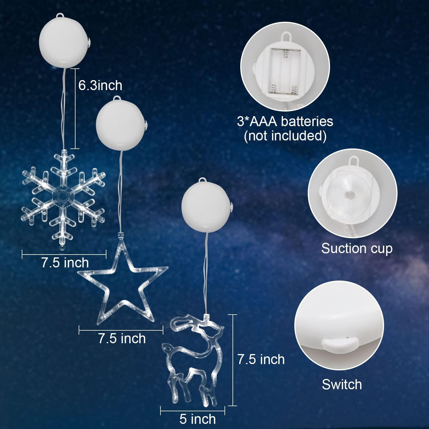 3Pcs Christmas Window Hanging Lights, Battery Powered Window Lights Silhouette Decoration Lighted Christmas Tree &Jingle Bell &Star Shaped with Suction Cup for Xmas, Balcony,Party,Indoor Outdoor Decor
