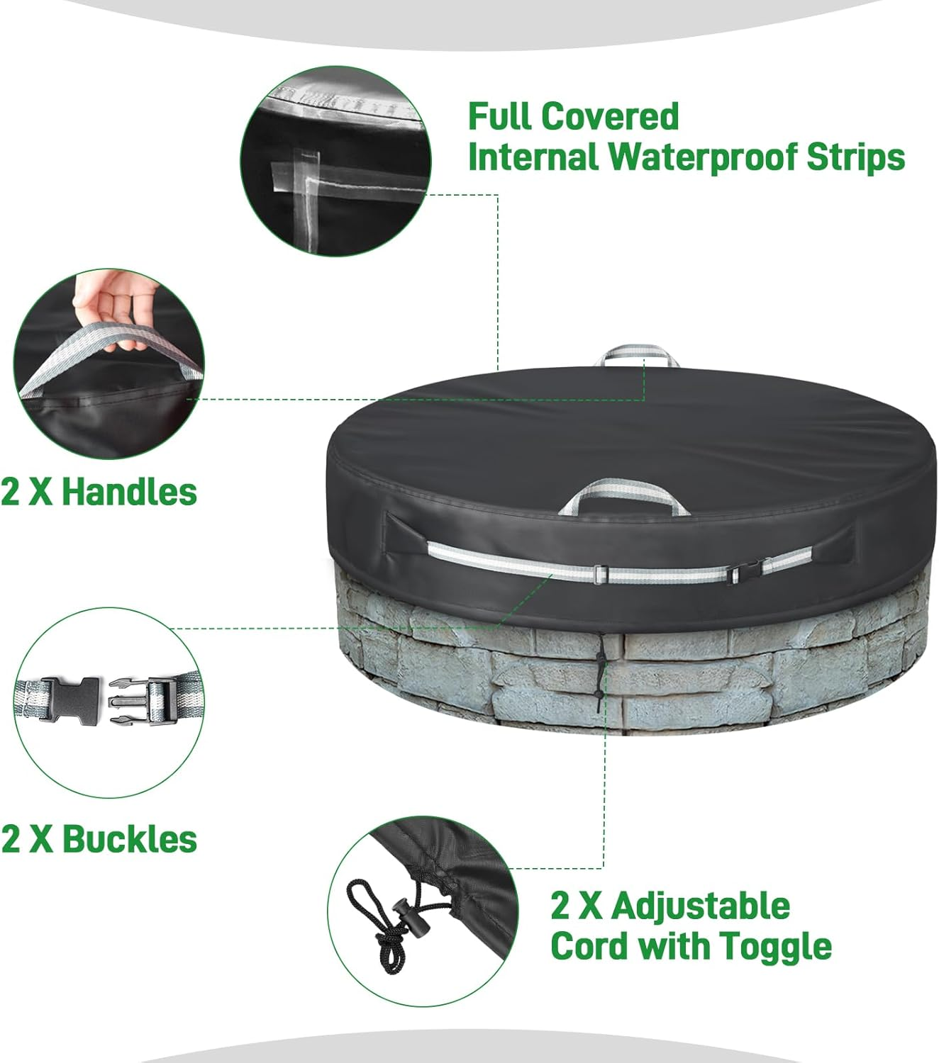 SUNICO round Built in Stone Fire Pit Cover for in Ground Firepit, Outdoor Tabletop Fire Pit Cover with Adjustable Buckle, Heavy Duty Waterproof Built in Stone Firepits Cover for 28-32 Inch Fire Pit