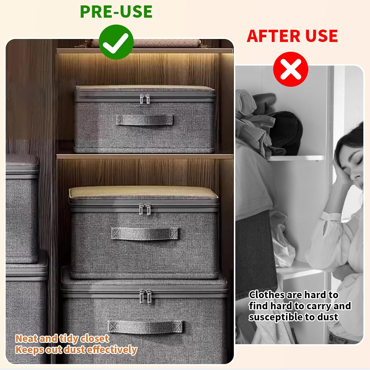 Hnonoxy 2Pcs Fabric Organiser Box, Grey, Storage Box with Lid, Organiser Box with Large Capacity for Clothes, Toys, Bedroom Organisation (38 X 25.5 X 16 Cm) image number 6