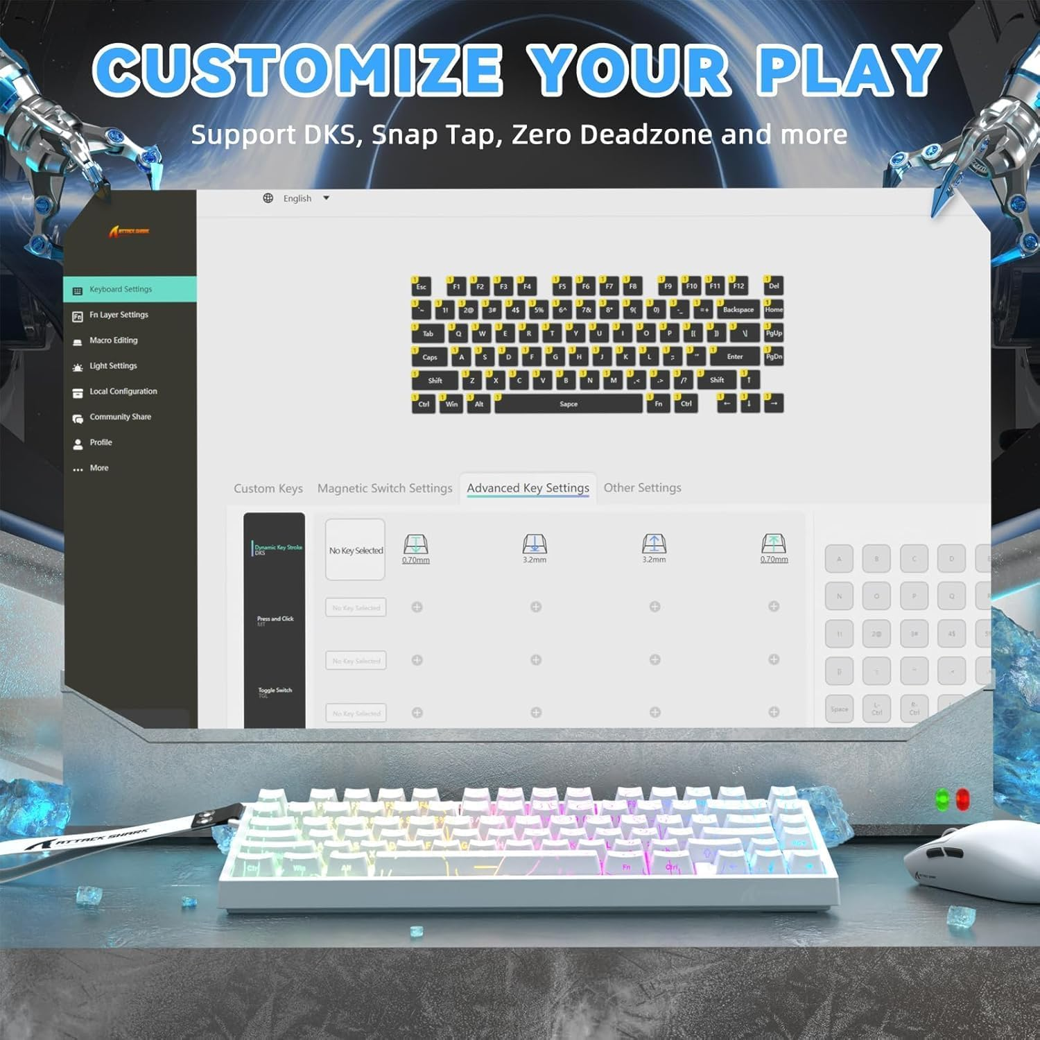 ATTACK SHARK R82HE Rapid Trigger Wired Mechanical Gaming Keyboard TKL NKRO with 8K Polling,0.005Mm RT Accuracy,256K Scan Rate,5 Layer Sound Damped,Hall Effect Magnetic Switch for PC Mac(White Contour) image number 6