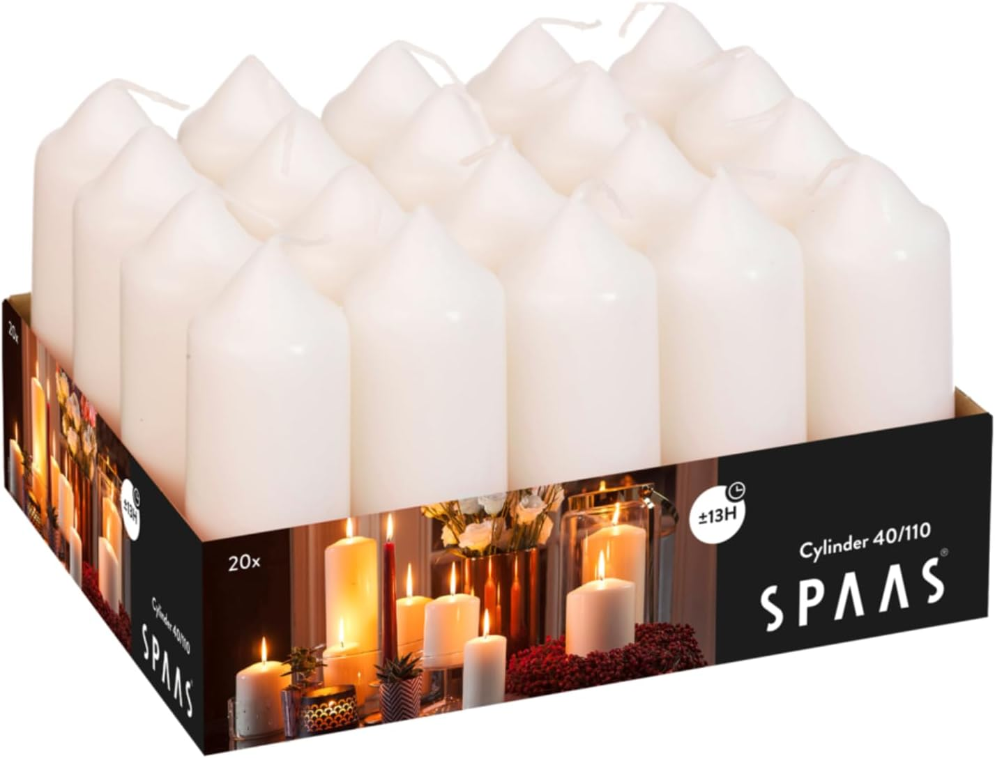 Spaas Tray of 20 Unscented Pillar Candles 40/110 Mm, 13 Hours, White