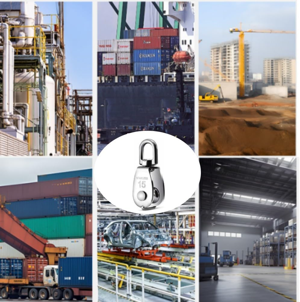 Stainless Steel Wire Rope Crane Pulley Block M15 Lifting Crane Swivel Hook Single Pulley Block Hanging Wire Towing Wheel,304 Stainless Steel 0.59" (6PCS) image number 1