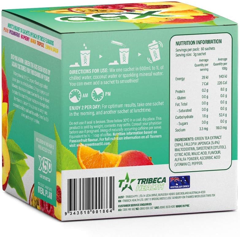 Green Tea X50 Green Tea & Resveratrol Assorted Flavour Energy Drink Powder 60 Sachets, Energy, Fat Burner,, Peach, Tropical, Passionfruit, Raspberry, Mango, Lemon and Ginger. 180 Grams image number 1