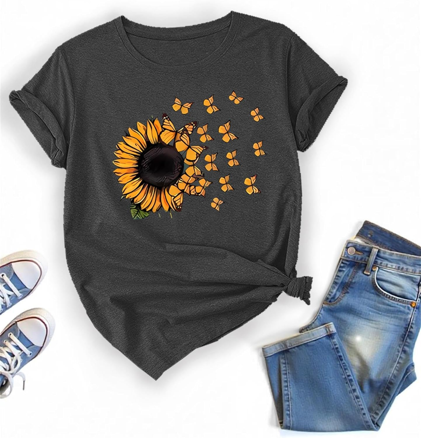 Boho Sunflower Butterfly T Shirt Cute Wildflowers Short Sleeve T Shirt