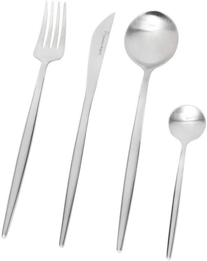 Stanley Rogers Piper Satin 16 Piece Cutlery Set &ndash; 18/10 Stainless Steel Flatware with Slim Satin-Brushed Handles, Modern Designer Style, Casual Place Setting for Four, Gift Boxed