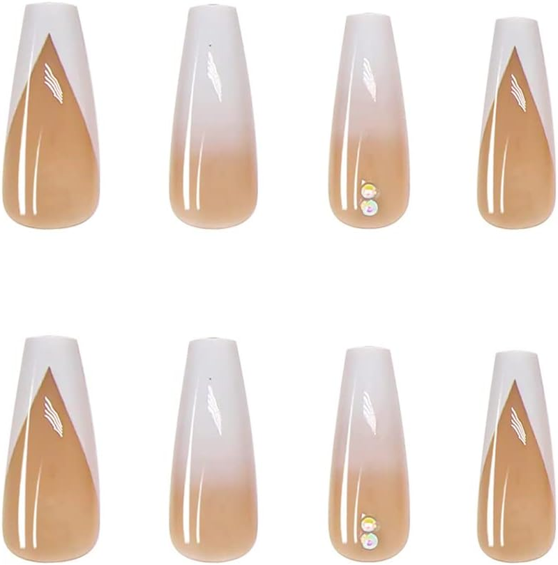 Rikview French Press on Nails Long Fake Nails Coffin with Rhinestones White Nails Glossy Acrylic Nails for Women image number 1