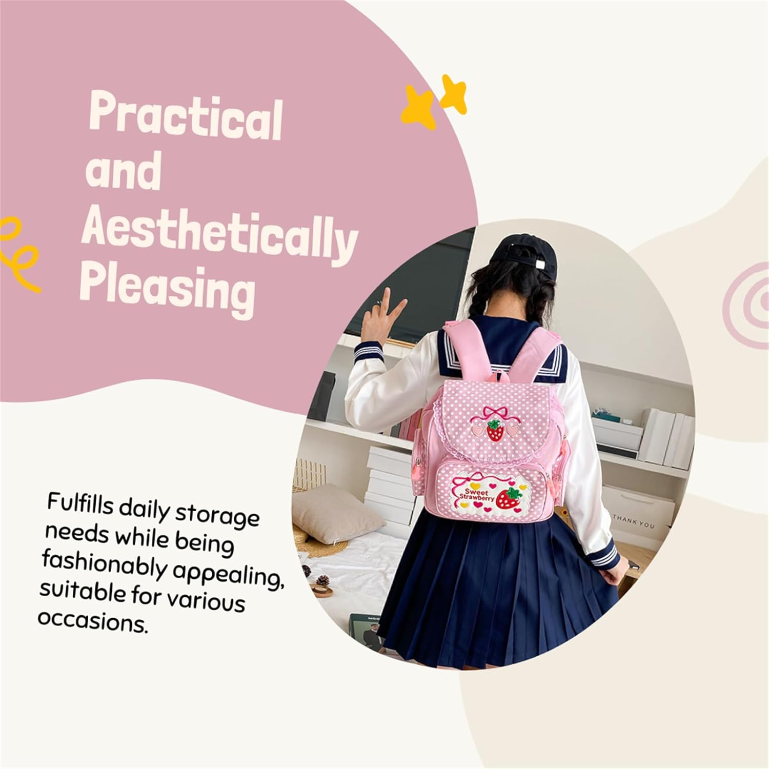 Aobiono Kawaii Strawberry Backpack Mini Cute Anime Aesthetic Pink Lace Polka Dot Small Bookbag Japanese Cartoon Fruit Bag, Pink, Large, Daypack Backpacks image number 1