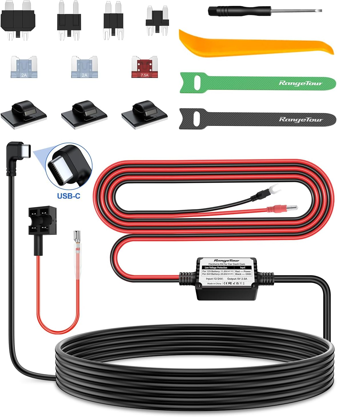 Dash Cam Hardwire Kit, USB-C Port 4M Hard Wiring Kit for Car Cam Car Charger Power Cord 12V/24V to 5V 2.5A Charger Cable with 4 Power Adapters 3 Fuses for Dashcam GPS Etc image number 4