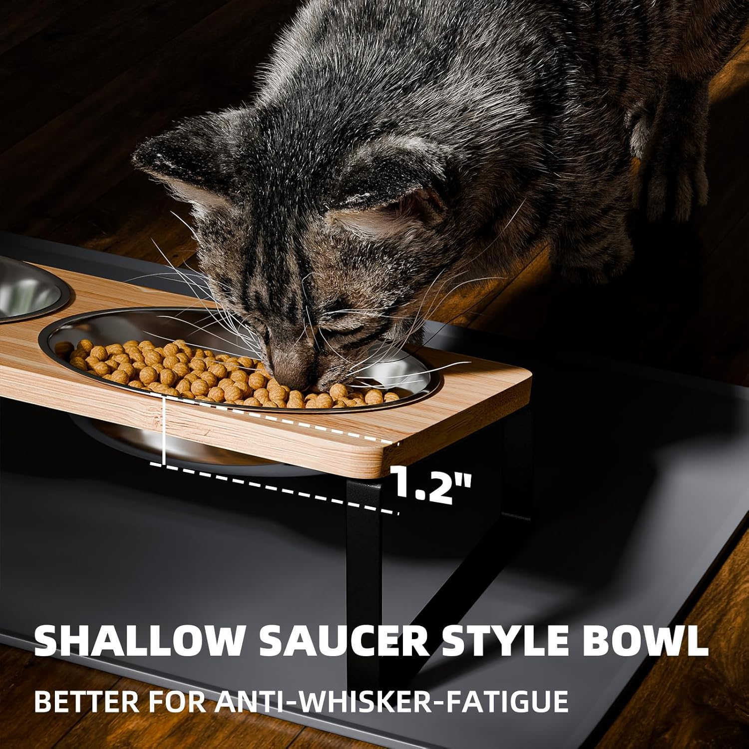 Elevated Cat Bowls Whisker Friendly,Cat Food Bowls with Silicone Food Mat,15&deg;Tilted Stand anti Vomiting Raised Cat Dishes for Food and Water,2 Stainless Steel Bowls for Cats and Puppy