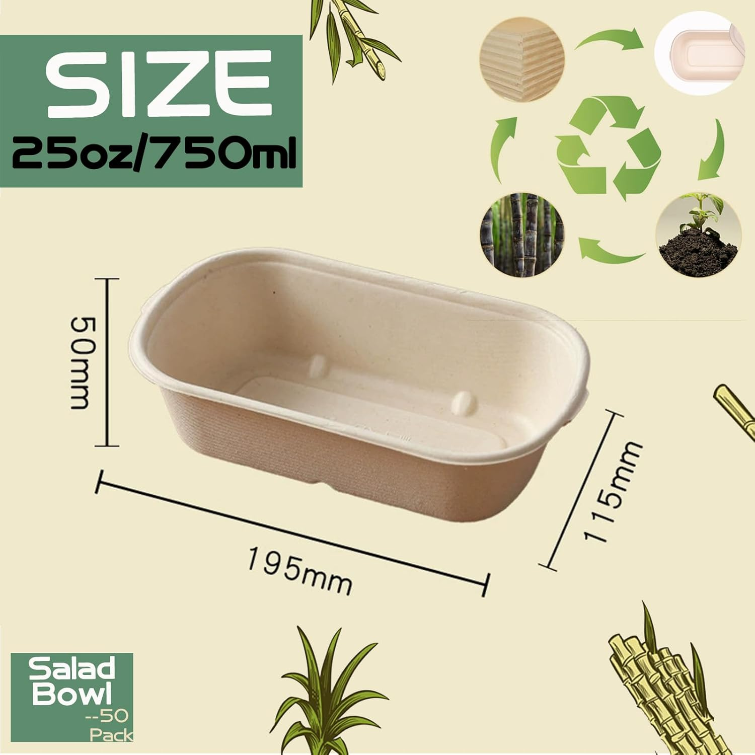 50Pack Salad Bowls, 25Oz Take Out Food Containers with PP Lid - 100% Compostable Natural Disposable Paper Fiber - Microwavable Safe, Biodegradable Food Storage, Waterproof and Oil Proof image number 4