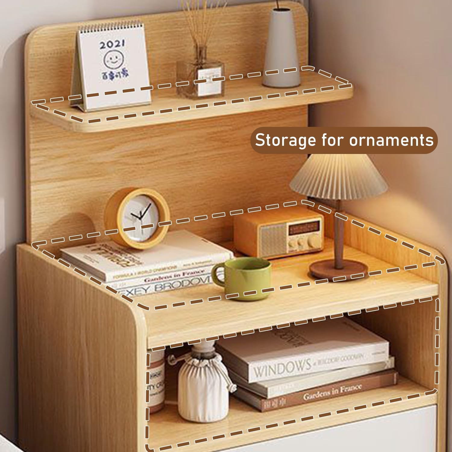 Uandhome Bedside Table with Open Sliding Shelves,Solid Wood Nightstand with Drawers,Modern Nightstands Bedroom Small Bedside Corner Night Stands Narrow Drawers Dormitor Bedroom Furn (Wood) - White image number 7