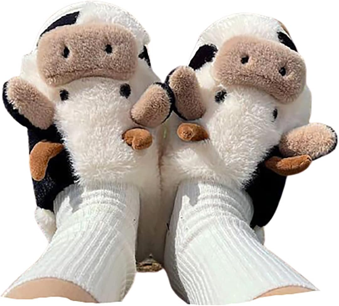 RAGEFIVE Cute Cow Slippers for Women Girls Fuzzy Plush Cotton Slippers Household Indoor Outdoor Slippers