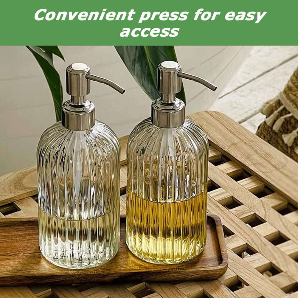 18 Oz Glass Soap Dispenser with Rust Proof Stainless Steel Pump, Refillable Hand Soap Dispenser with Vertical Stripe, Premium Bathroom Soap Dispenser for Kitchen & Bathroom.