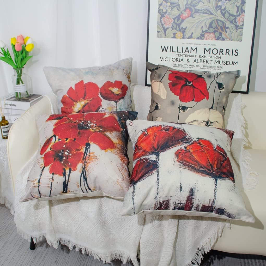 DILOXNSU Cushion Cover 50 X 50 Cm, Set of 4 Cushion Covers, Red Art Flower, Decorative Cushion, Modern Sofa Cushion, Linen Cushion Cover, Decorative Cushion, Aesthetic Couch Cushion, Cuddly Cushion