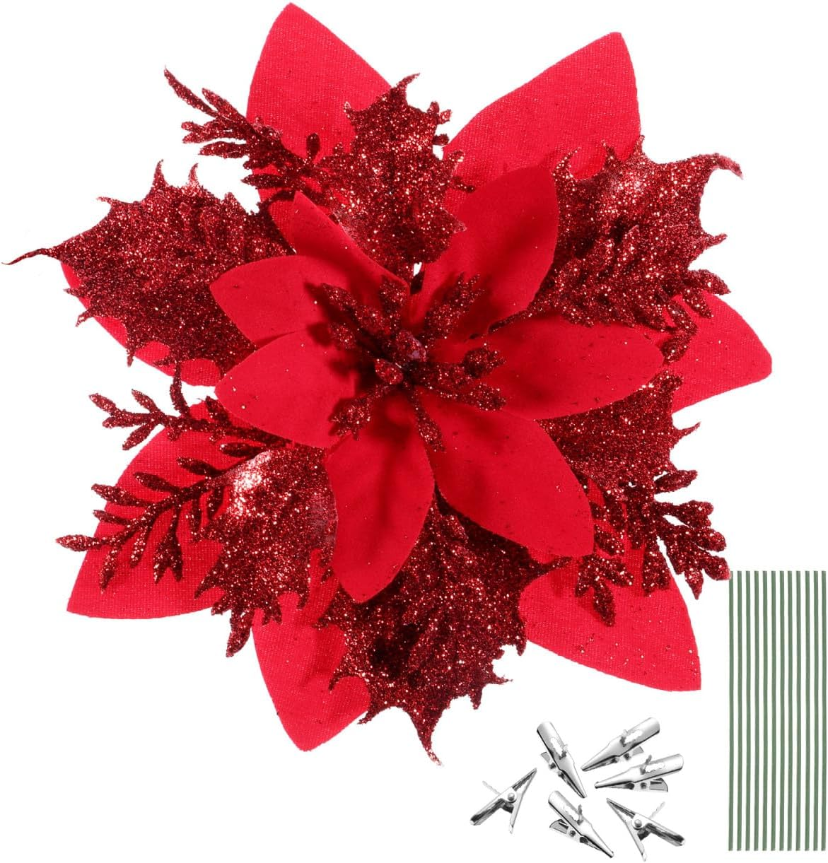 TOYANDONA 12Pcs Christmas Glitter Poinsettia Flowers, Christmas Tree Flower Decorations Artificial Flowers with Stems and Clips for Wedding Party Wreath (Champagne)