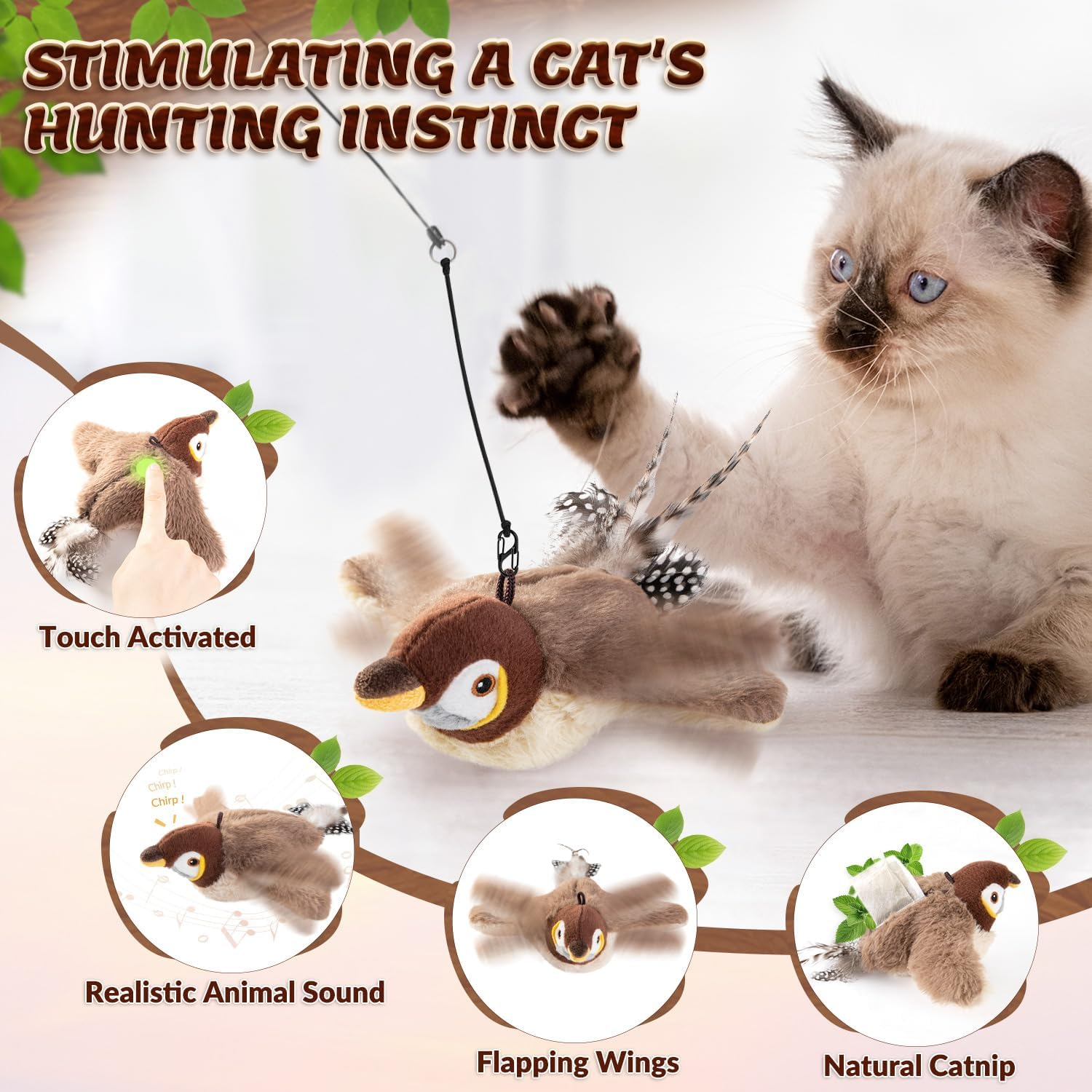 Slowton Interactive Cat Toys Rechargeable - Touch Activated Flapping Sparrow Catnip Toys with Lifelike Chirping - Plush Bird Toy with Rope and Hooks for Indoor Kitten Kitty Exercise image number 4