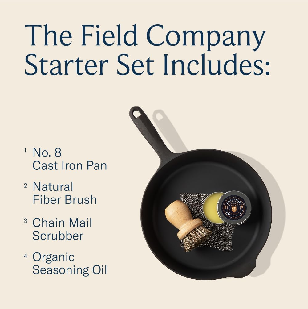 Field Company Starter Set: No.8 Cast Iron Skillet (10.25 In, 4.5 Lbs) with Cast Iron Cleaning Kit &mdash; Smoother, Lighter, Made in USA, Vintage Design, Pre-Seasoned image number 6