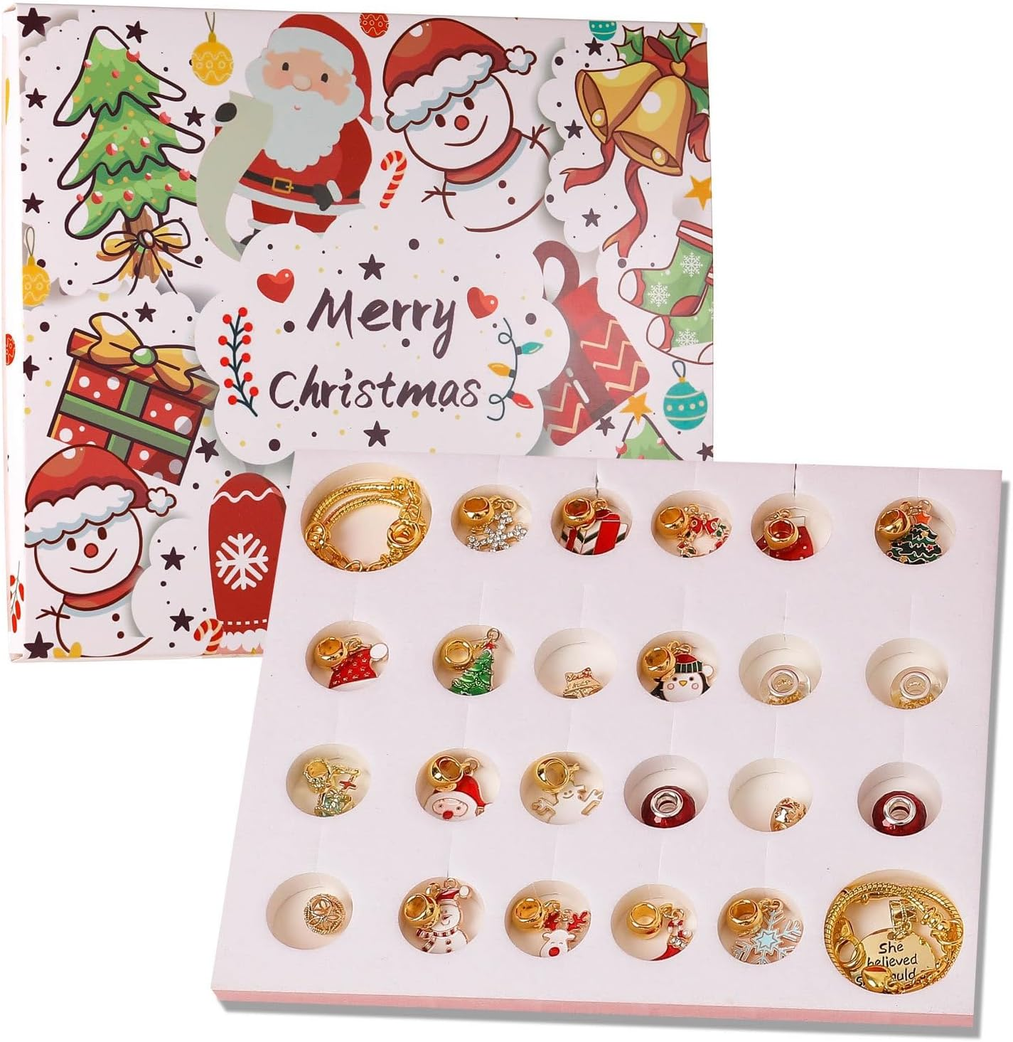 Christmas Advent Calendar Bracelets Set Christmas Countdown Calendar DIY Bracelets Necklace Jewelry Pendant Making Kit, Christmas Jewelry for Girls Kids Women Gift image number 6