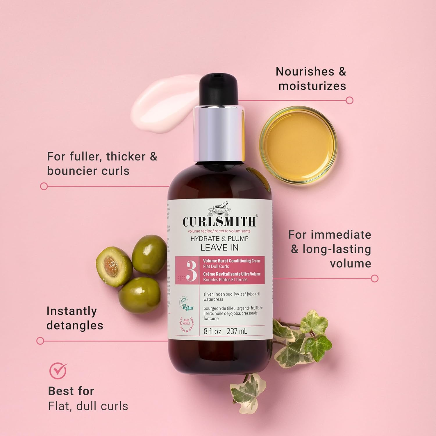 CURLSMITH - Hydrate & Plump Leave in Hair Conditioner, Volumizing and Nourishing for Wavy, Curly or Coily Hair, Vegan (237Ml/8Fl Oz)