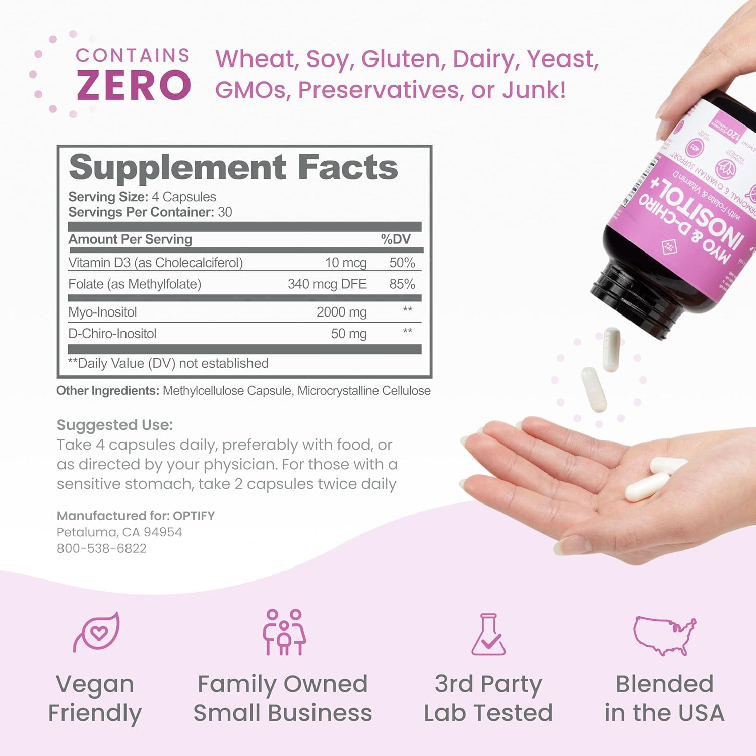 Premium Inositol Supplement - Myo-Inositol and D-Chiro Inositol plus Folate and Vitamin D - Ideal 40:1 Ratio - Hormone Balance & Healthy Ovarian Support for Women - Vitamin B8-30 Day Supply image number 2