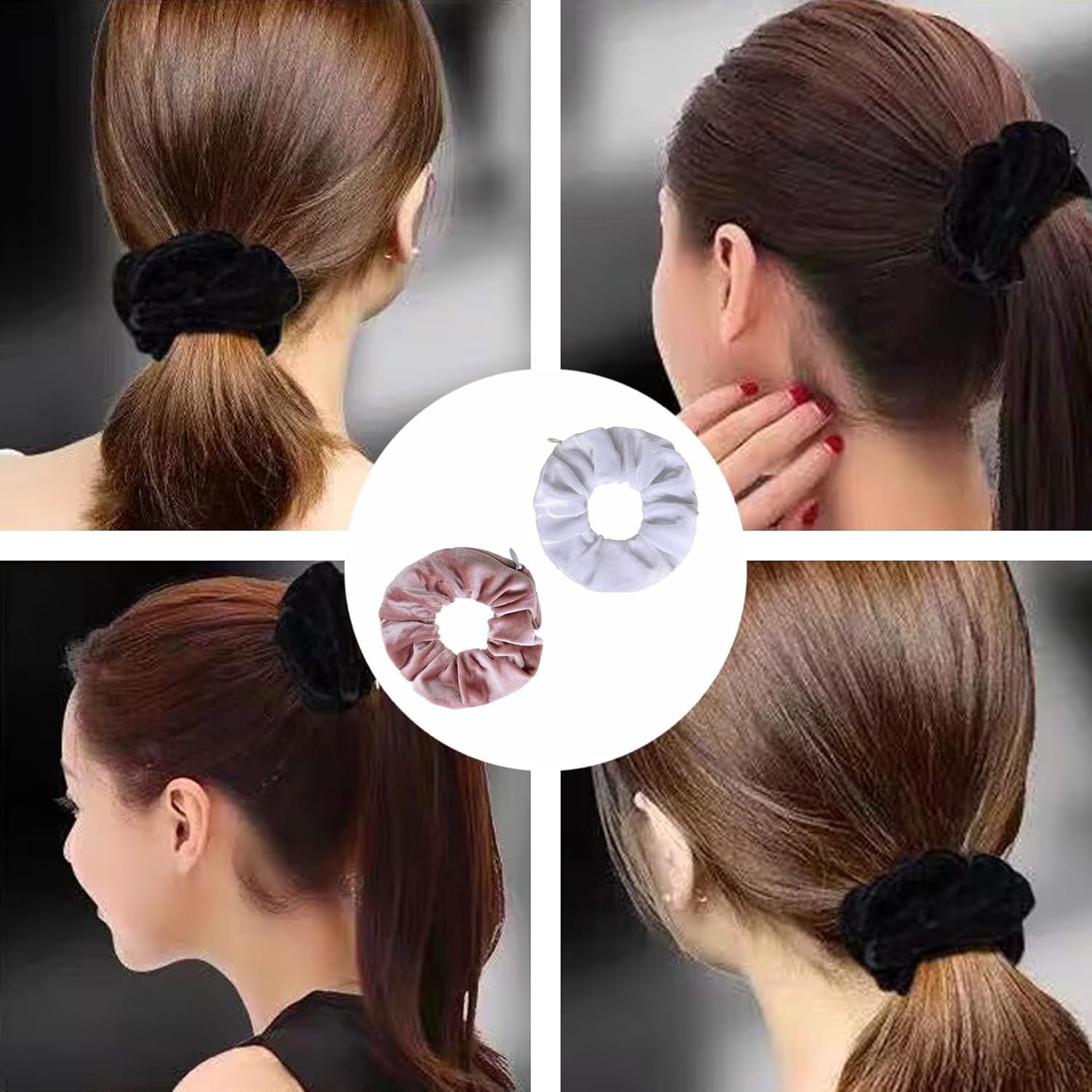 Pack of 4 Hair Bobbles, Hair Scrunchies with Zip, Money Hiding, Travel Gadgets for Women, Can Store Valuables, Scrunchies Secret Compartment (Black, White, Rice Pink) image number 6