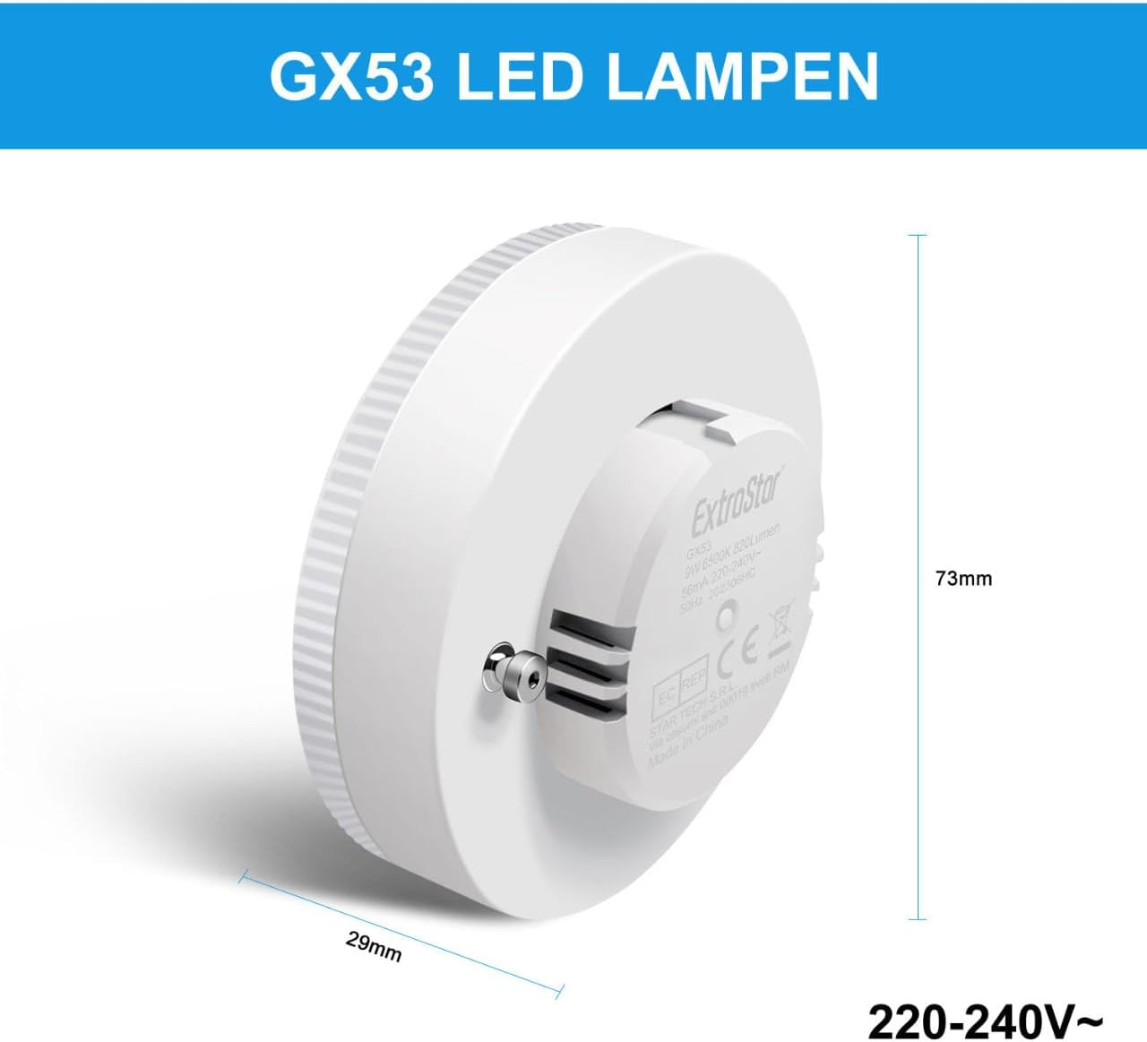 EXTRASTAR GX53 9W 3000K LED Bulb, Replaces 61W Halogen Lamp, GX53 LED Recessed Spotlight for Cabinet Lighting, 120&deg;, 820LM, AC 220V, Non-Dimmable, Cool White, Pack of 4 - Warm White 3000K image number 2