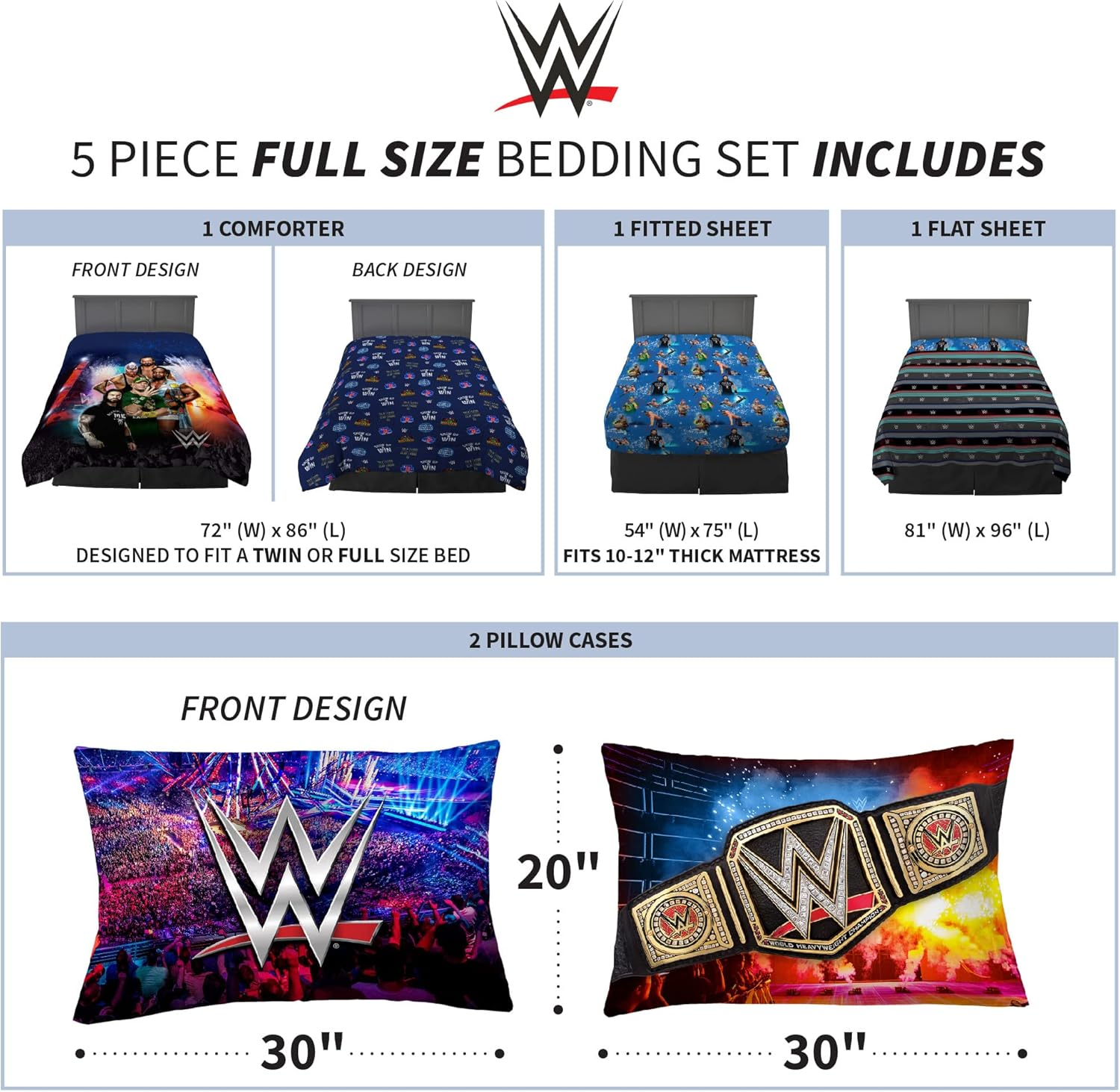 Franco Kids Bedding Super Soft Comforter and Sheet Set, 5 Piece Full Size, WWE image number 3