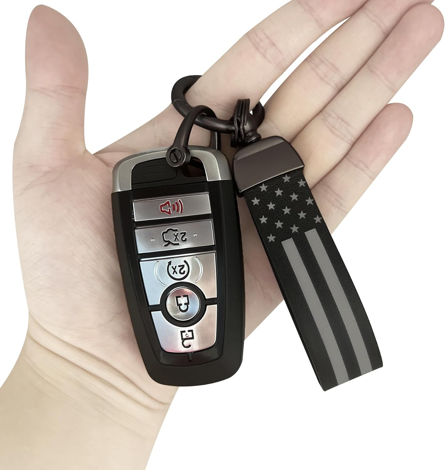 JUNJIAWU Leather Car Key Chain: American USA Flag Car Keychain with Zinc Alloy Ring Carabiner for All Car Key Accessories image number 4