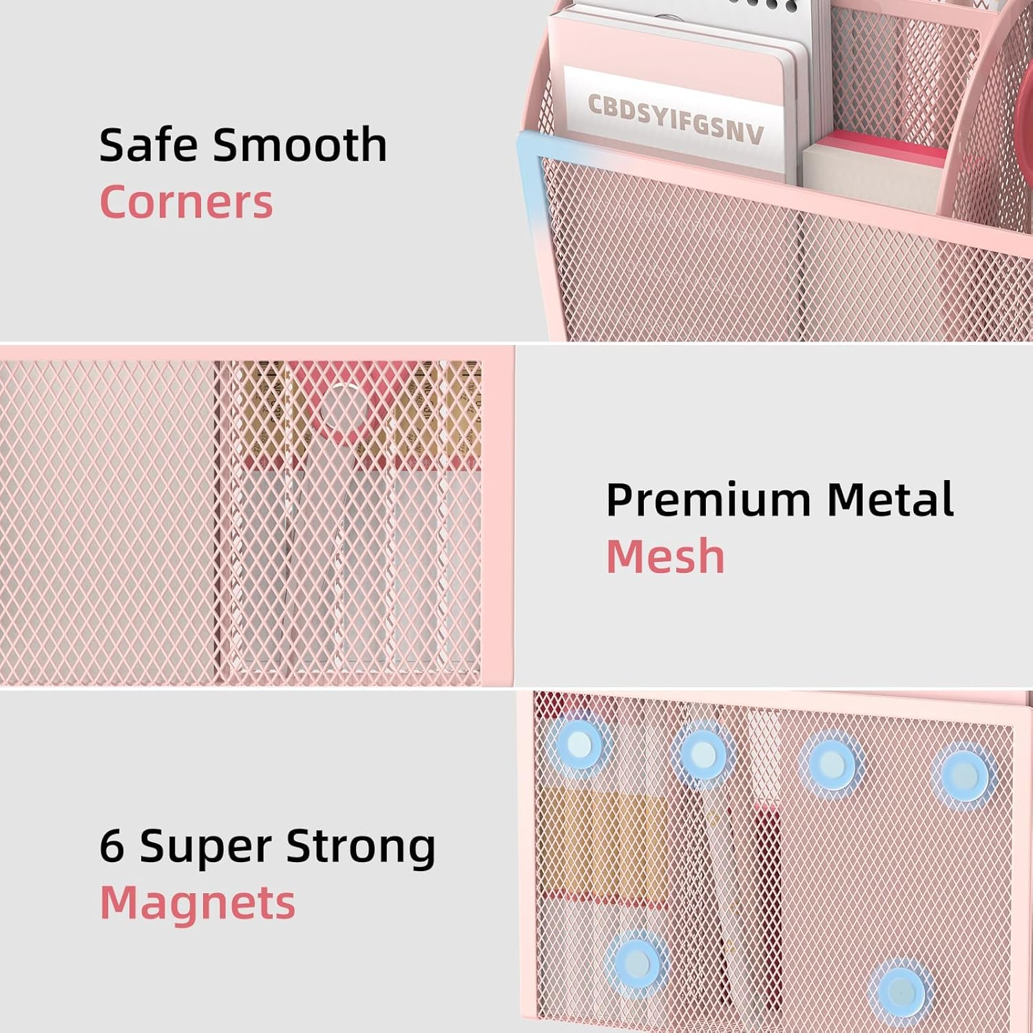 SUPEASY Magnetic Pencil Holder, Magnetic Whiteboard Shelf, 3 Grid Mesh Pen Holder for Refrigerator, Magnetic Organiser, Locker Accessories Organizer for Home, Pink image number 2