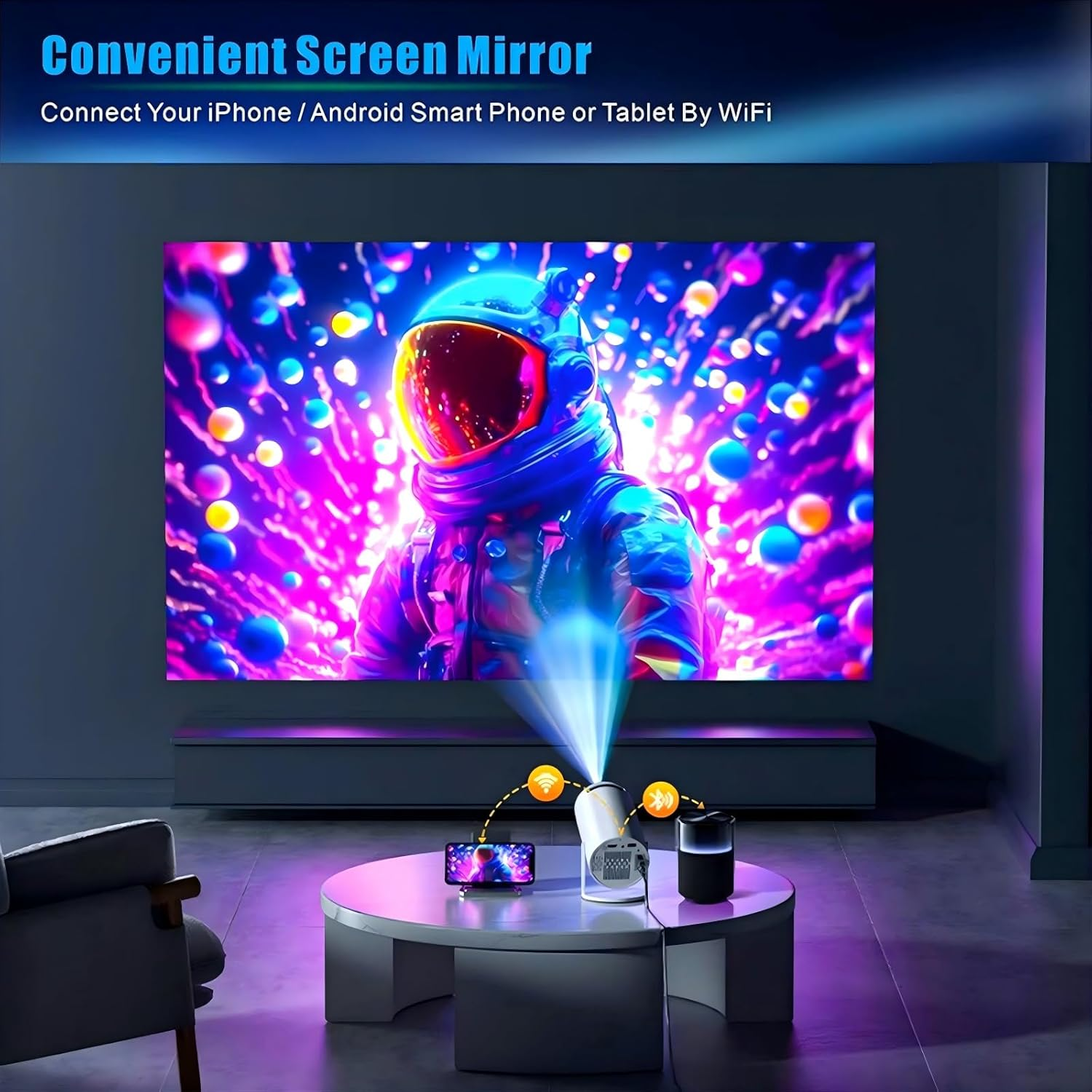 Mini Projector 1080P 4K Support with Wifi 6 & Two-Way Bluetooth 5.2, Portable HY300 Pro+ Smart Projector Manual Focus, 180&deg; Rotatable, Movie Home Bedroom Outdoor Projector for Phone, Laptop, PC, Black - White image number 5