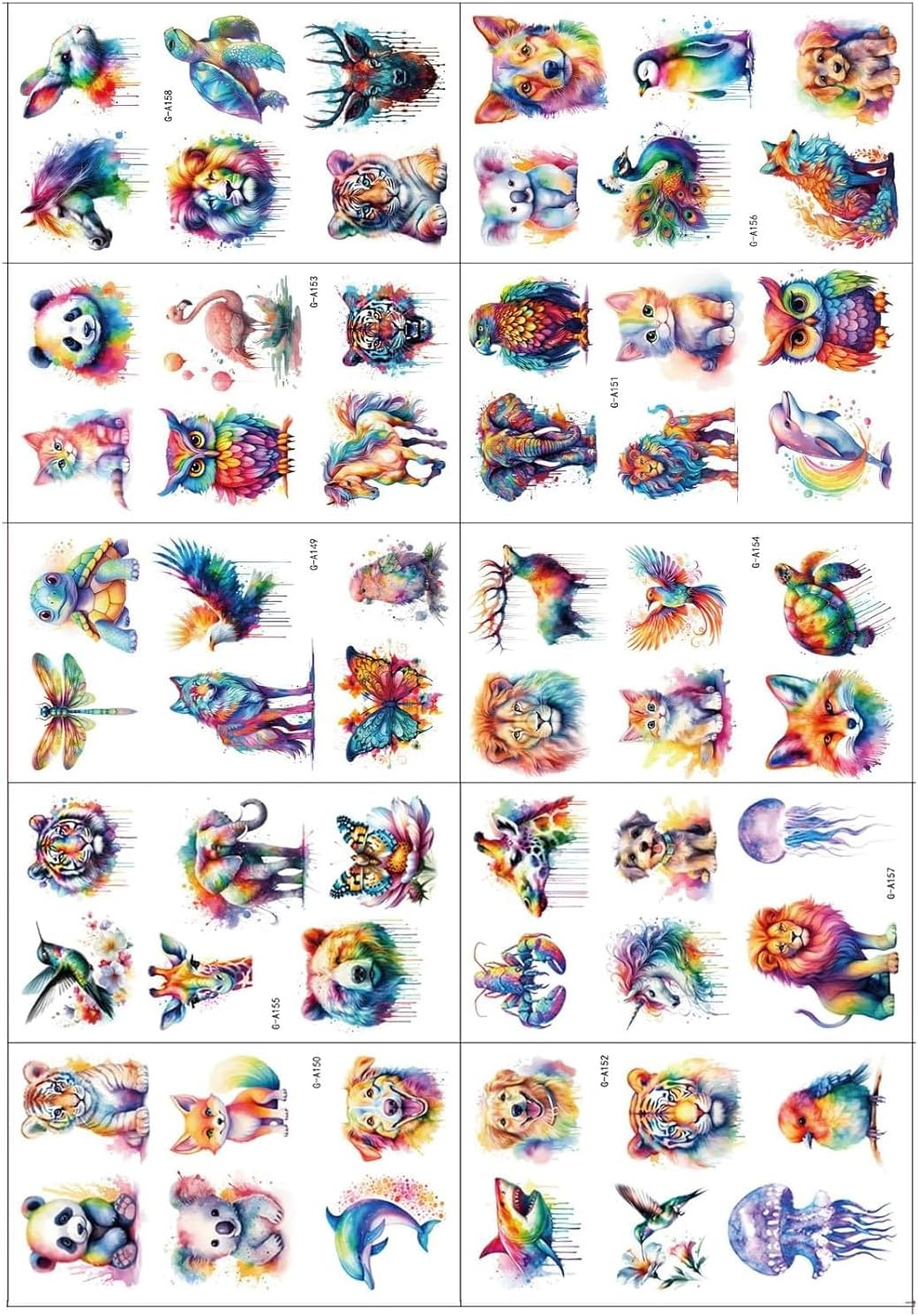 Pack of 10 Watercolour Animal Tattoos for Children, Waterproof Temporary Tattoos, Disposable Children'S Tattoos, Skin-Friendly, Adhesive Tattoos for Birthday Parties, Carnival Gifts, Classroom Rewards image number 1