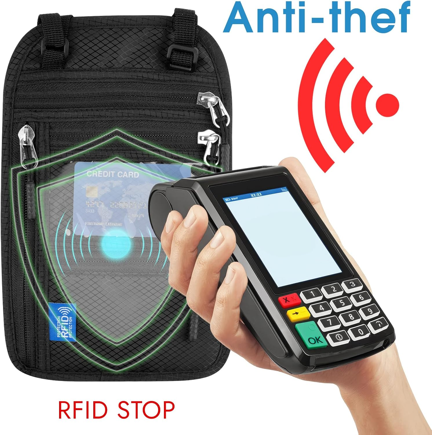 Neck Pouch with RFID Protection, Anti-Theft Chest Pocket Men, Waterproof Travel Wallet, Adjustable Unisex Security Pocket Travel for Passport Cards Smartphone Money, Black, 24*15.5Cm, Neck Pouch With