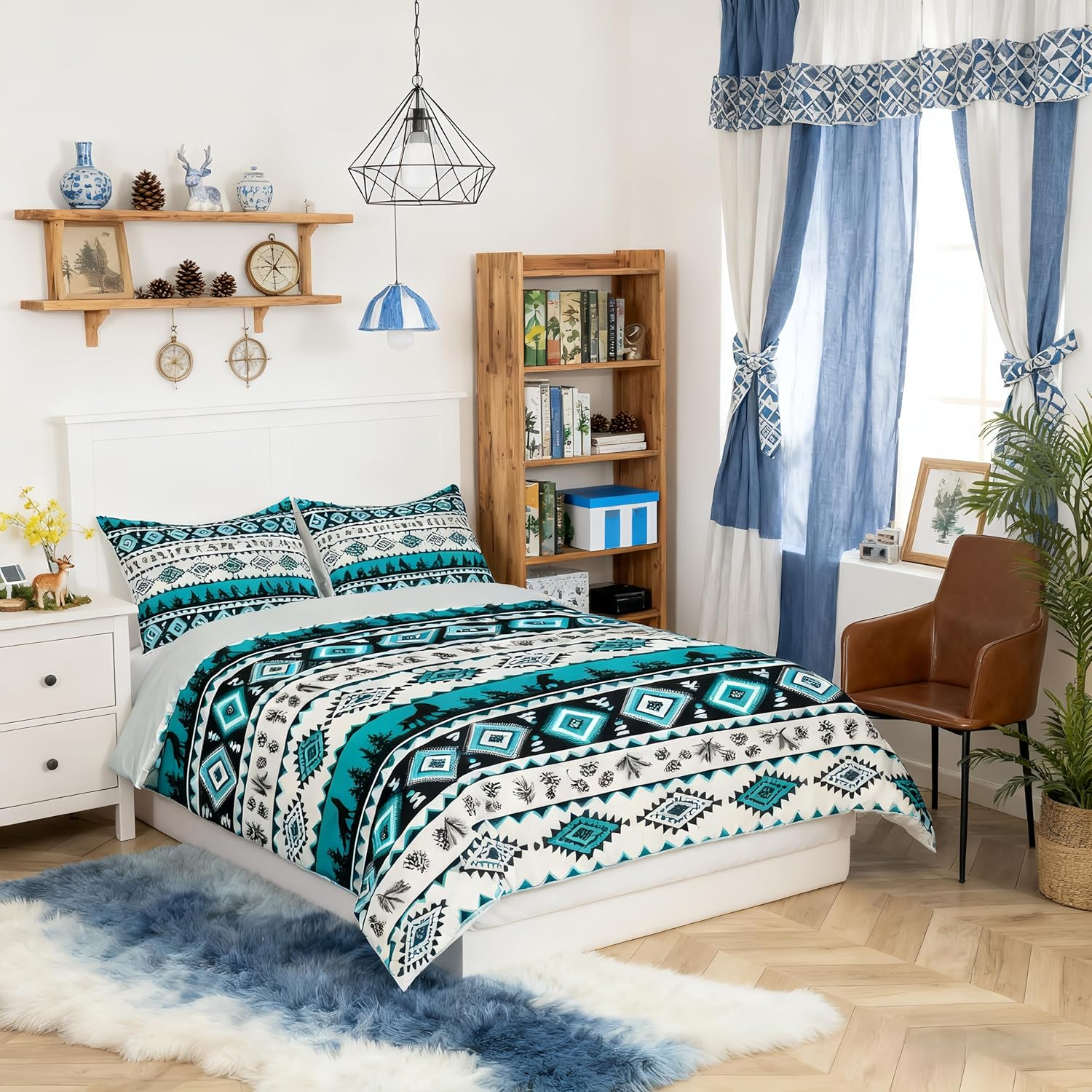 Manfei Aztec Geometric Kids Duvet Cover Set Queen Size,Southwest Tribal Ethnic Bedding Set,Wolf Rustic Cabin Girls Boys Room Decor,Beige Retro,2 Pillowcases(No Comforter) image number 1