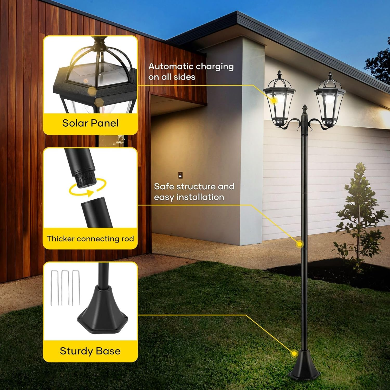 186Cm Solar Post Light Outdoor Street Pathway Garden Security Pole Lamp Driveway Patio Yard Energy Powered Pillar (46X19X186Cm)