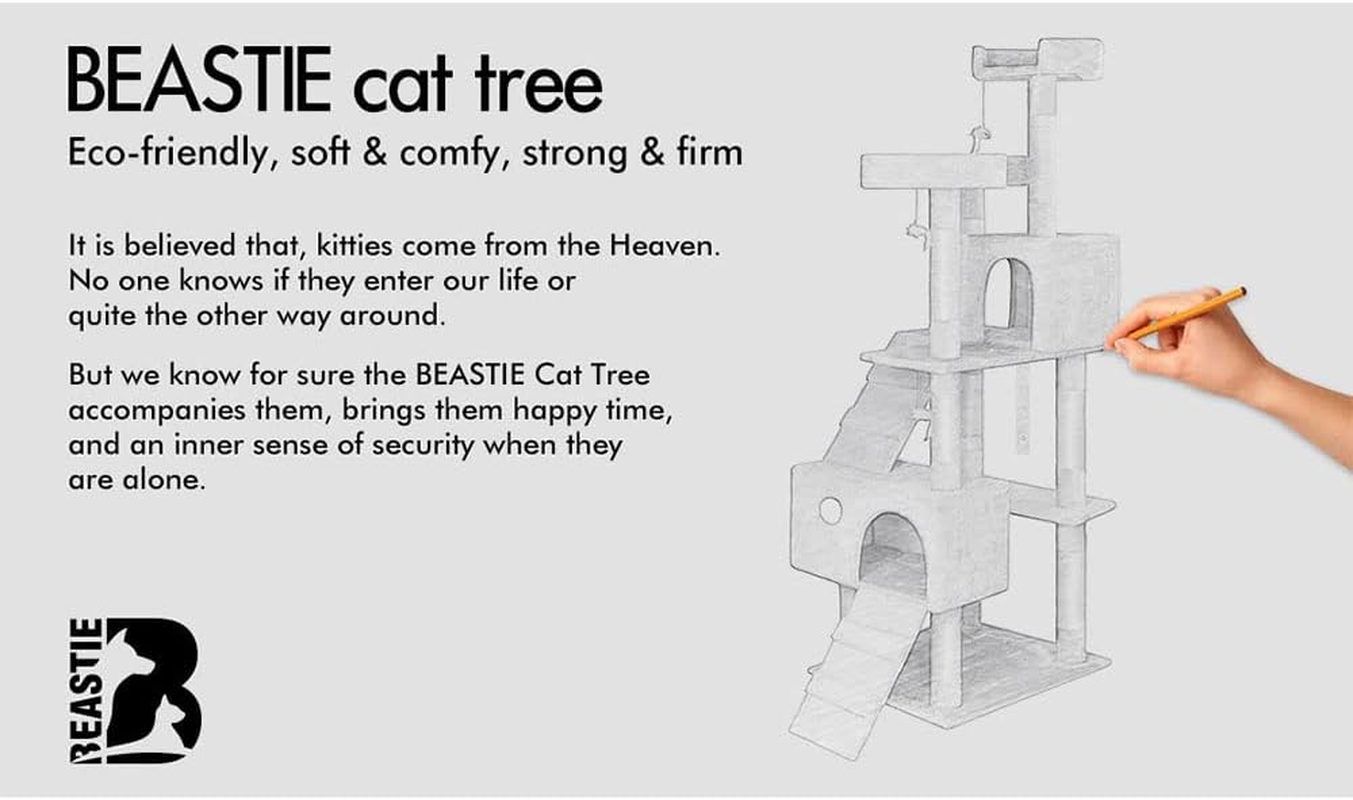 BEASTIE 180Cm Cat Tree with Mouse Toy Scratching Post Tower Condo Cat Play Towers Trees House Furniture Wood in Beige Colour - 134Cm In Grey image number 4