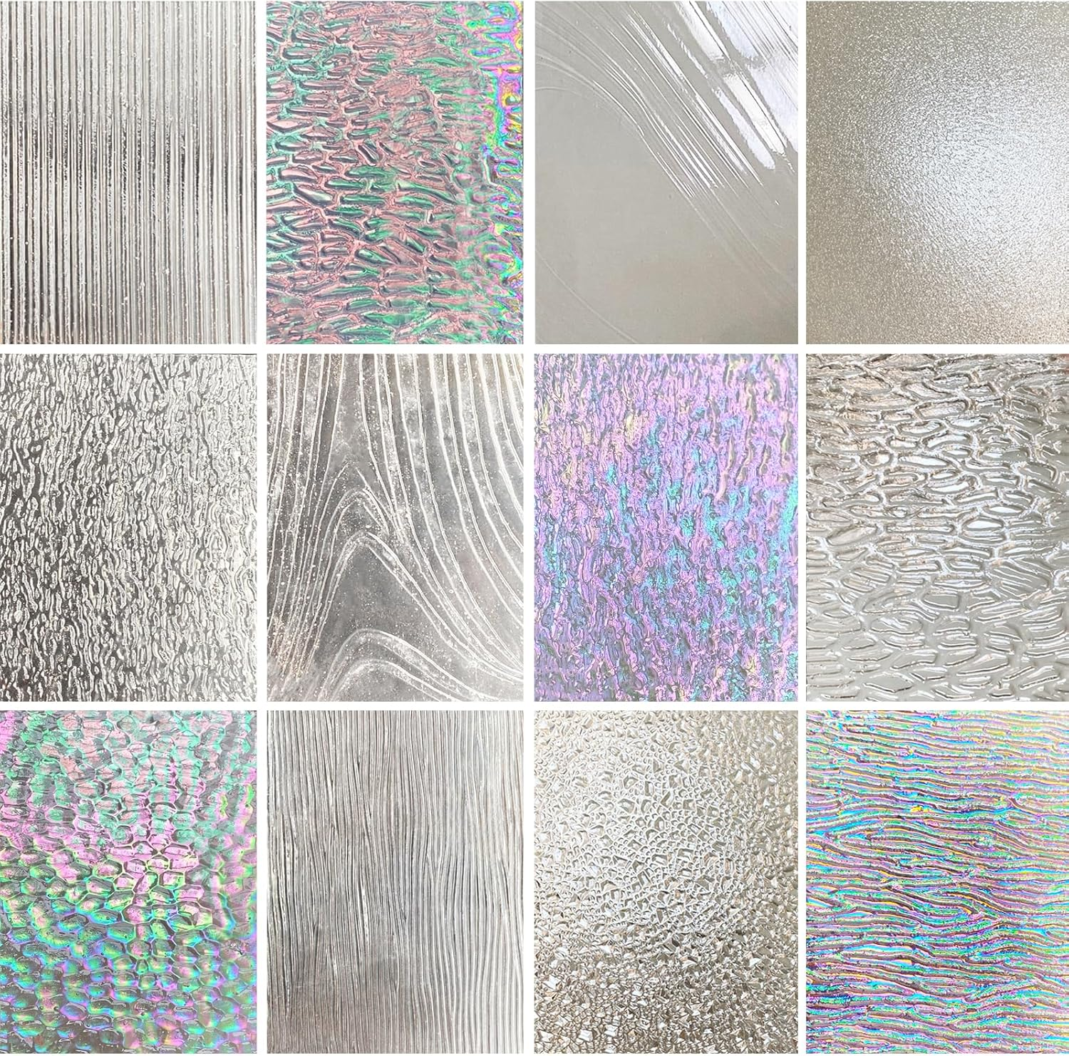 ILLUCKAI 12 Sheets Clear Textured Stained Glass Sheet, 4 X 6 Inch Rainbow Iridescent Cathedral Art Glass Variety Textures, Stained Glass Supplies for Stained Glass Projects and Mosaic Crafts