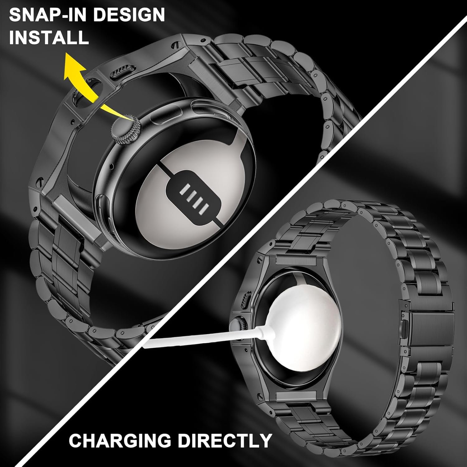 SUPLINK Stainless Steel Case with Bracelet Compatible with Google Pixel Watch 2 Bracelet Google Pixel Watch Bracelet Men, Metal Replacement Bands for Google Pixel Watch 2/1 Case (Black) image number 7