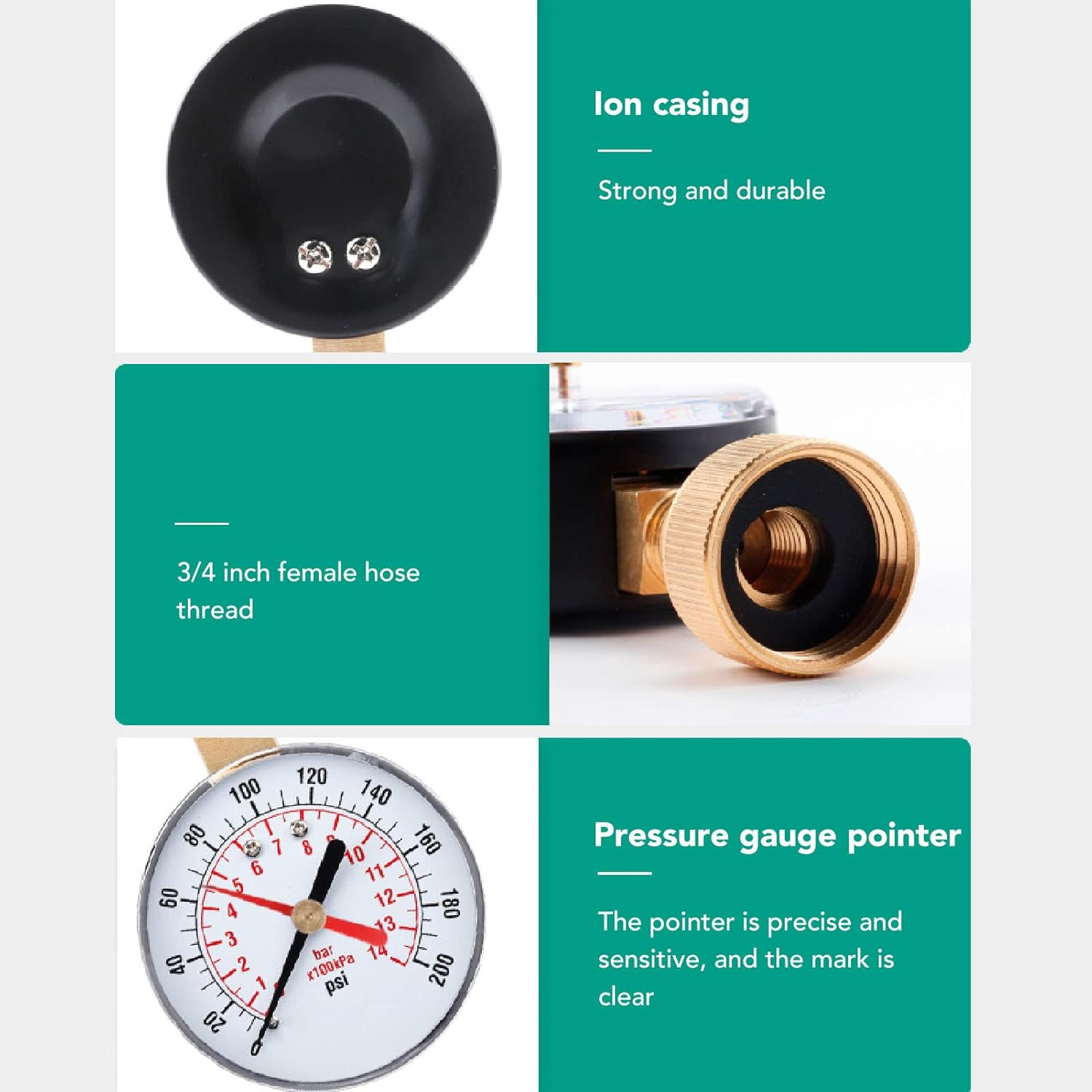 Universal Water Pressure Gauge, 0-200 PSI Water Pressure Gauge, Accurate and Sensitive Pointer for Swimming Pools image number 2