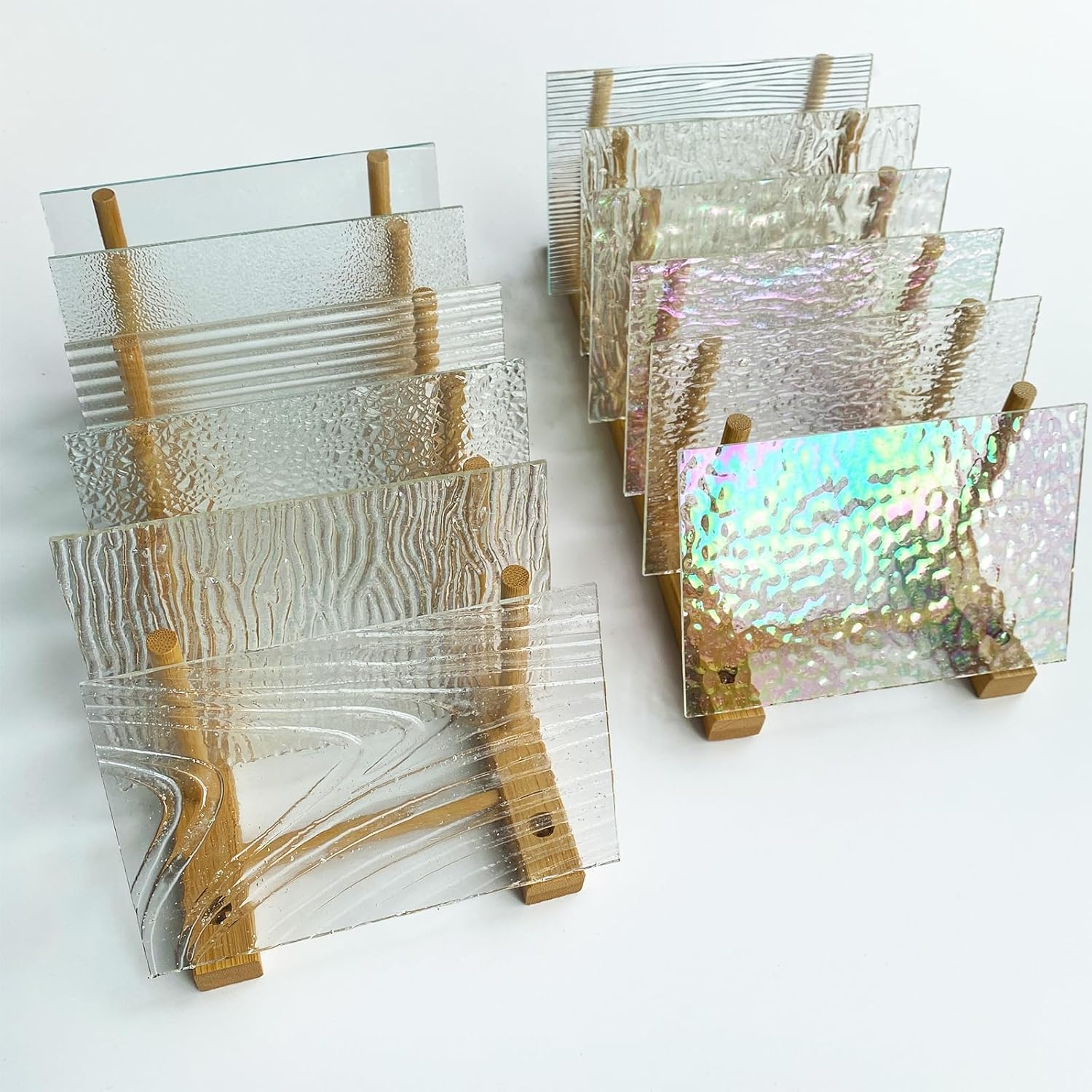 ILLUCKAI 12 Sheets Clear Textured Stained Glass Sheet, 4 X 6 Inch Rainbow Iridescent Cathedral Art Glass Variety Textures, Stained Glass Supplies for Stained Glass Projects and Mosaic Crafts image number 2