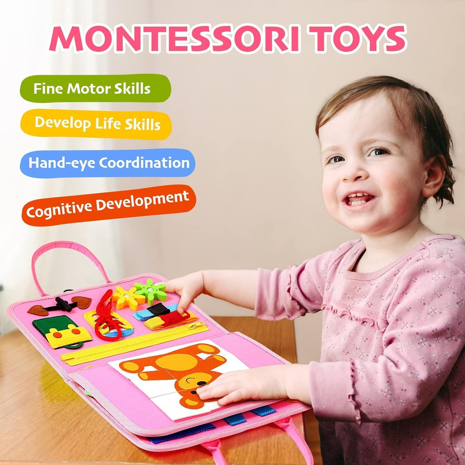 Montessori Toys for Toddlers,25 in 1 Preschool Educational Activities Developing Sensory Basic Life-Skills Learning Self-Dressing Puzzle Toys for Infants, for 1To 7Year Old Toddlers Boys Girls (Pink) image number 6
