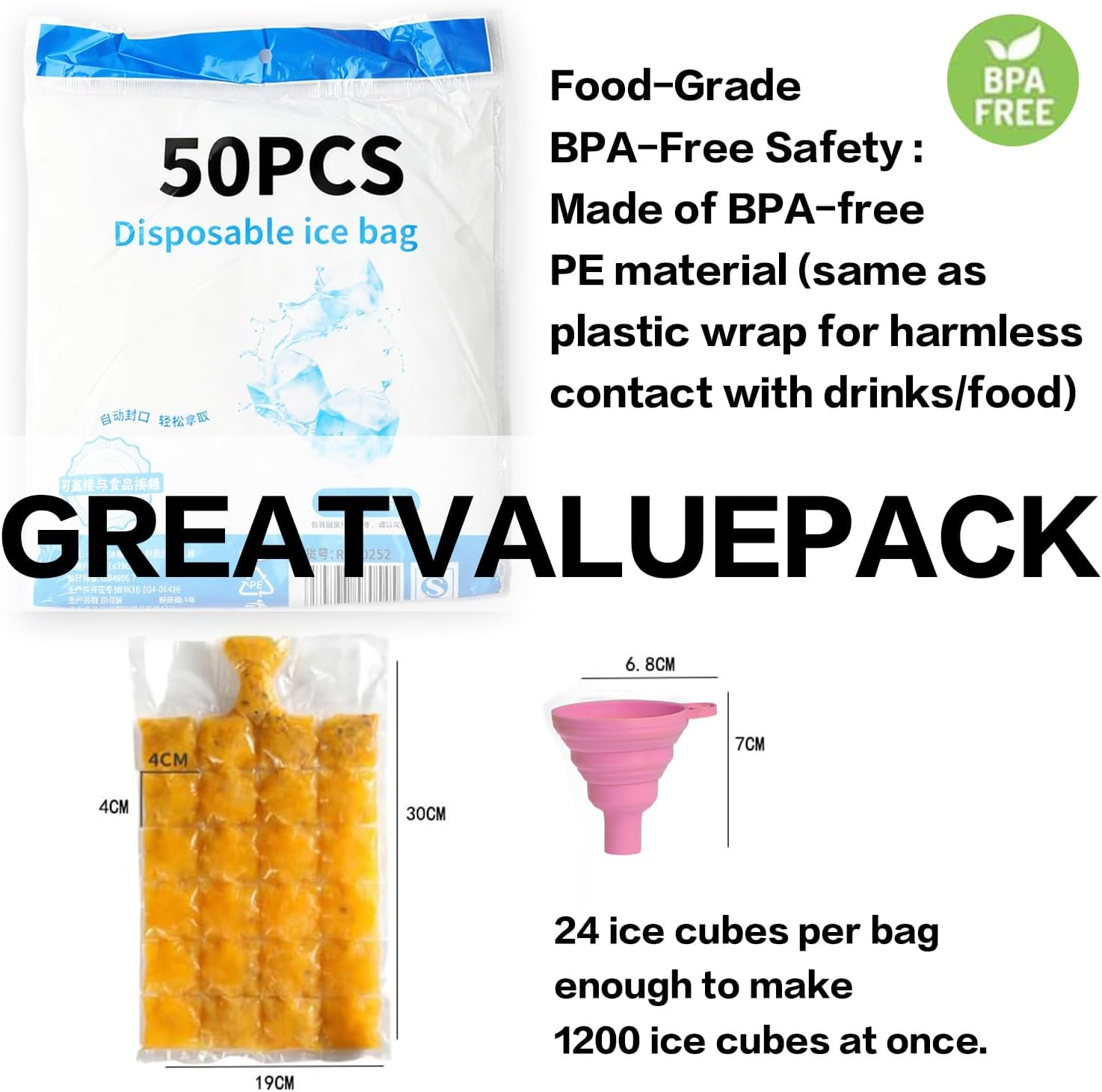 Disposable Ice Cube Bags 50Pcs - 1200 Self-Sealing Ice Cube Trays with 1 Funnel, Bpa-Free PE Material Ice Cubes for Freezer Cocktail Wine Food Party, Leak-Proof & Space-Saving image number 1