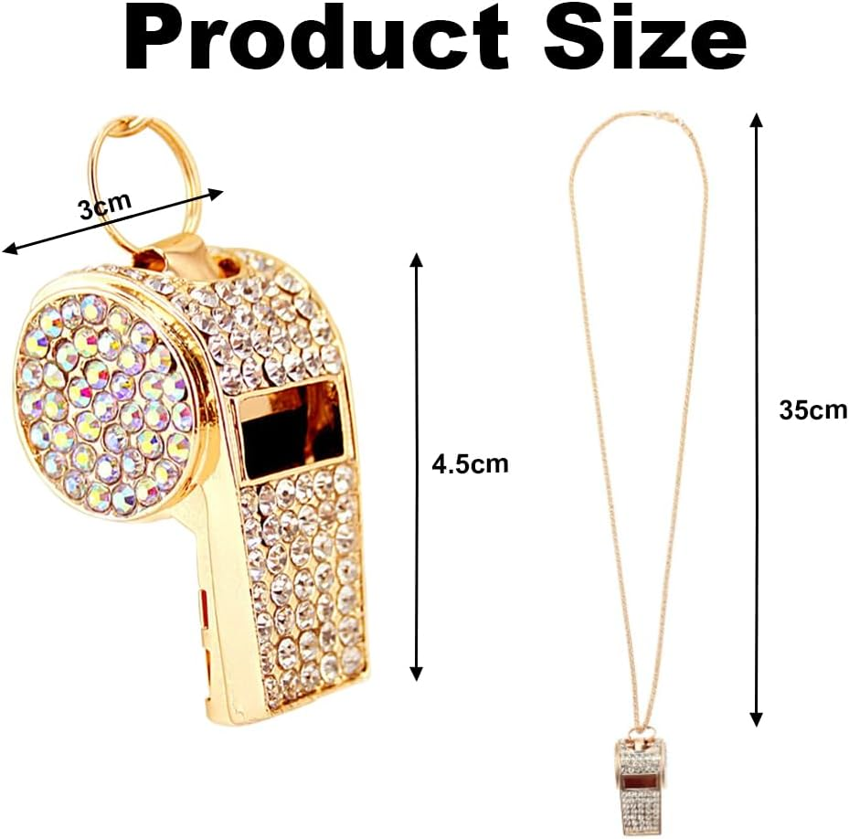 2Pcs Gold Diamond Metal Bling Crystal Rhinestone Whistles with Golden Chain Lanyard Shining,Bling Whistle,Loud Sound,Sports Gift Gear for Referees,Teachers,Sports Competition,Basketball,Training image number 5