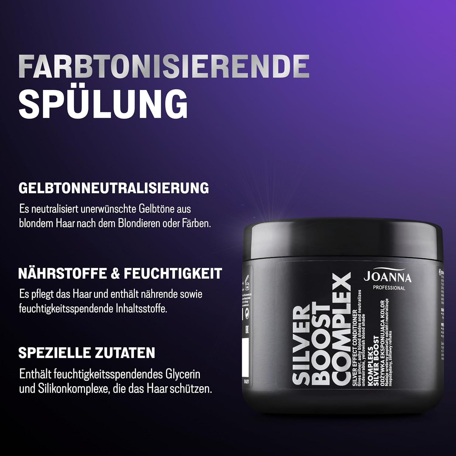 JOANNA Professional Silver Boost Complex - Hair Conditioner for Women - Colour Improving Conditioner - Neutralisation of Unwanted Yellow Tones - Silver Cool Reflections - Content 500 G