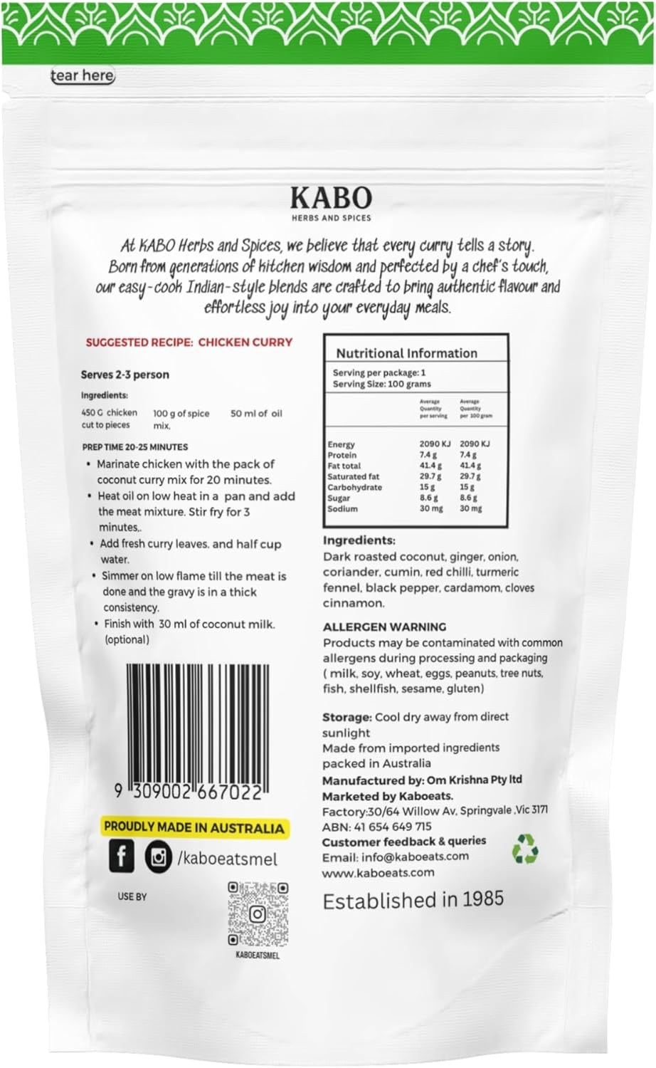 KABO Coconut Curry Masala 100G (3.52Oz) &ndash; Authentic South Indian Spice Blend with Slow-Roasted Coconut | Complete Mix, No Onion or Tomato Prep Needed for Chicken, Prawn, Lamb, Eggplant & Veg 100% Natural, Vegan, No Additives, Ziplock Pouch image number 5