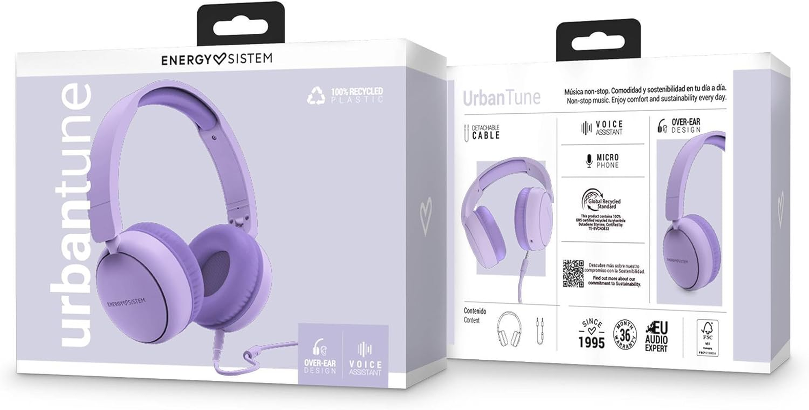 Energy Sistem Urbantune Wired Headphones - 100% Recycled Plastic - Detachable Cable - Microphone - Voice Assistant - Purple image number 4