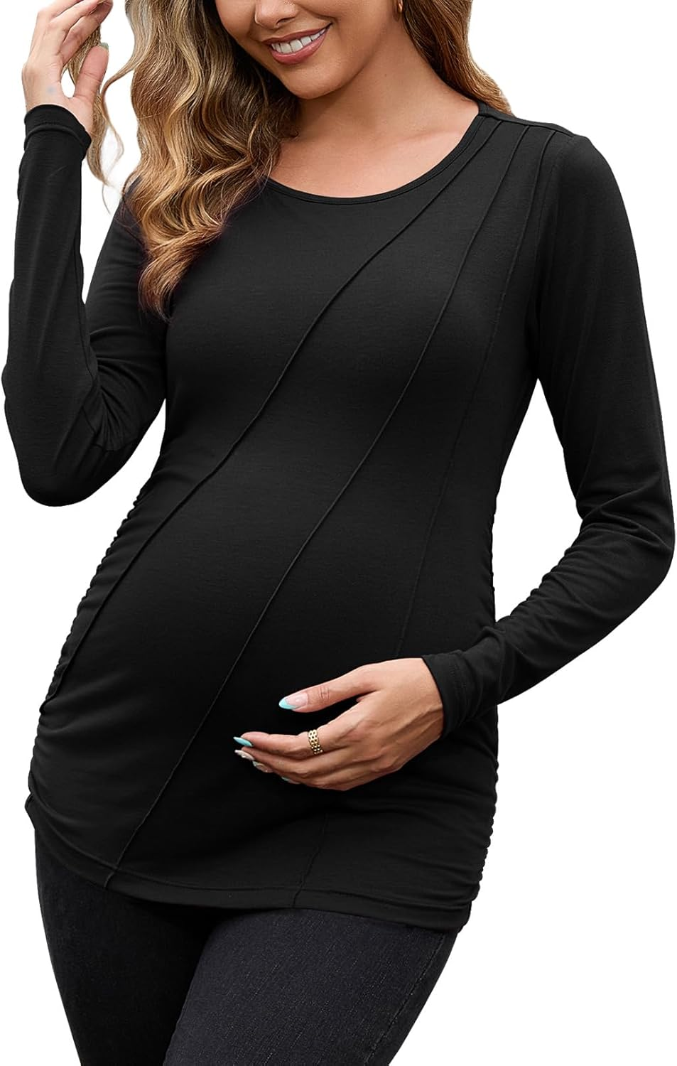 DEBELLY Maternity Long Sleeve Shirt Pleated Crew Neck Pregnancy Top for Women Side Ruched Work Lounge