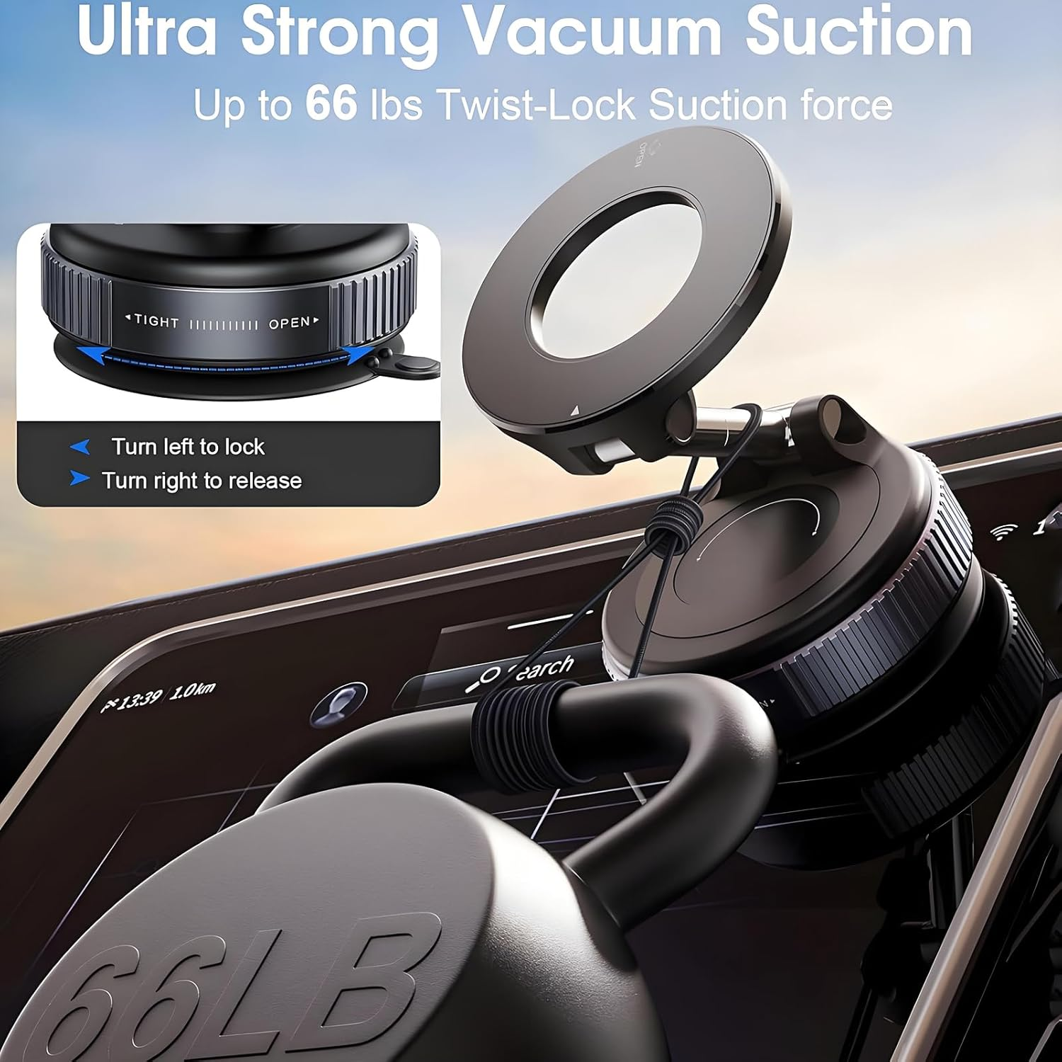 Anberyoo Vacuum Magnetic Car Phone Holder, 360 Rotation Super Strong N55 Magnetic Force Mag-Safe Car Mount for Iphone & Android, Reinforced 66LBS Ultra Suction Cup Phone Holder for Car/Gyms//Mirror image number 4