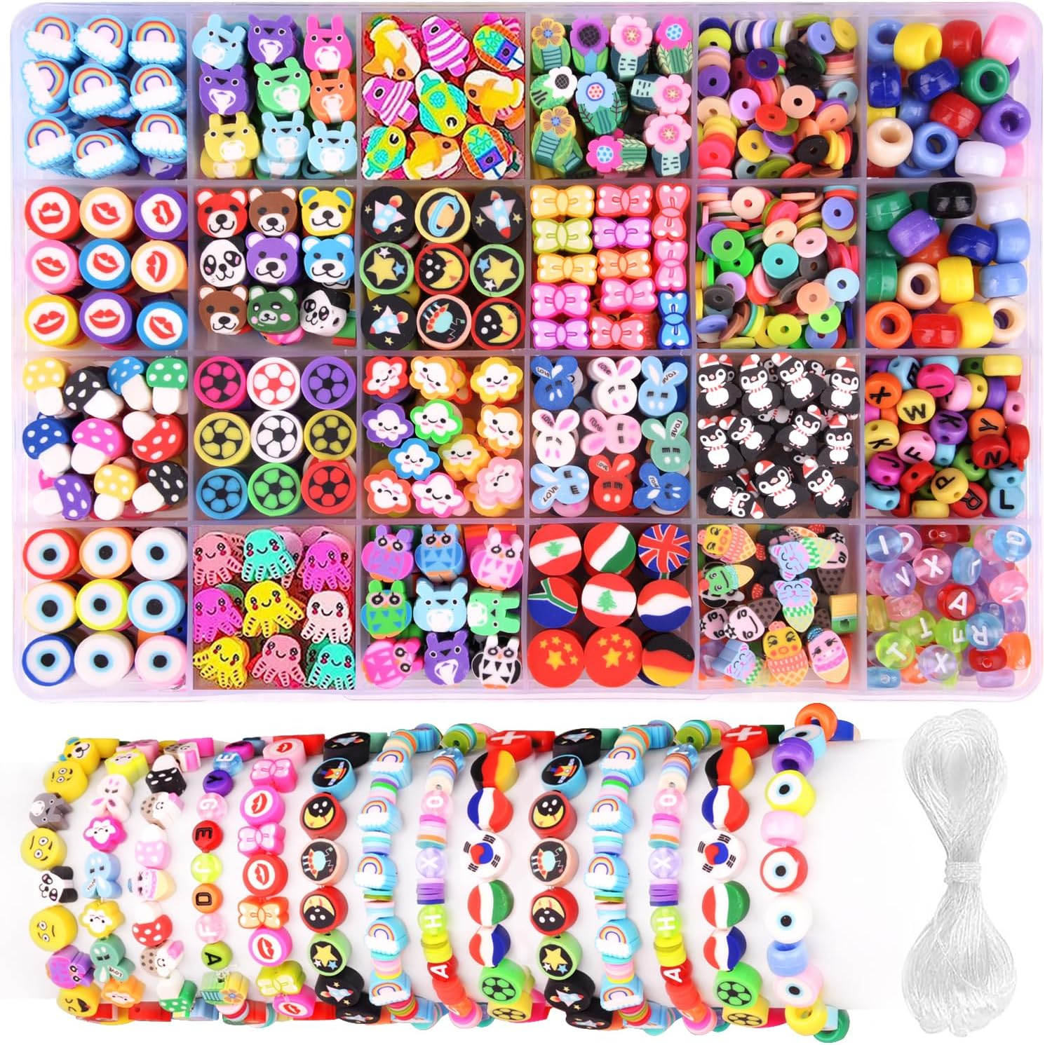 1000PCS Polymer Clay Beads Bracelet Making Kit, 24 Style Cute Fun Beads Flower Animal Rainbow Eye Charms for Jewelry Necklace Earring Making DIY Accessories for Women Girls