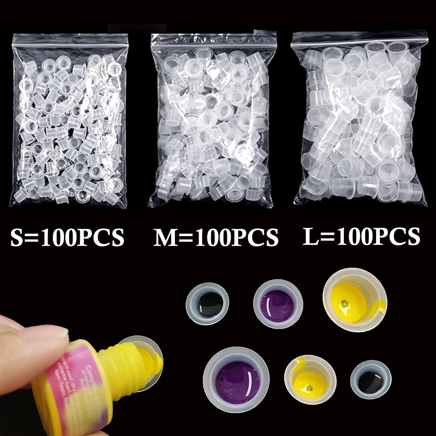 TONBAO 300PCS Mixed Tattoo Ink Cups #8 Small #11 Medium #14 Large Pigment Ink Caps Plastic Container Cup Tattoo Accessory image number 1