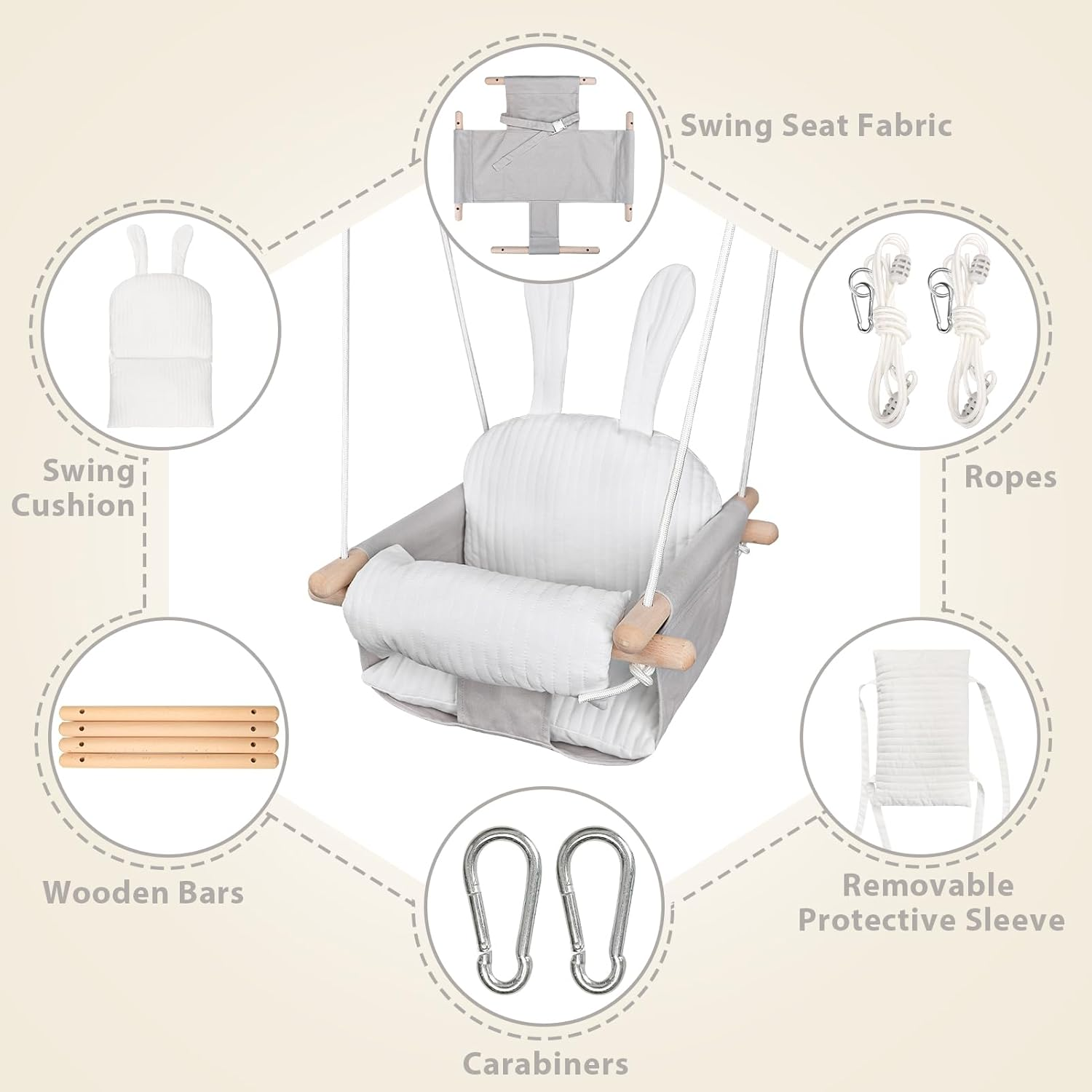 GFU Baby Swing, Canvas Swings for Infants Outdoor Indoor & Indoor, Toddler Swing for Indoors, Secure Wooden Hanging Swing Seat, Hammock for Indoor Playground, Grey Tree Swings or Backyard